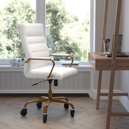Flash Furniture White LeatherSoft Roller Wheel Executive Chair GO-2286H-WH-GLD-RLB-GG